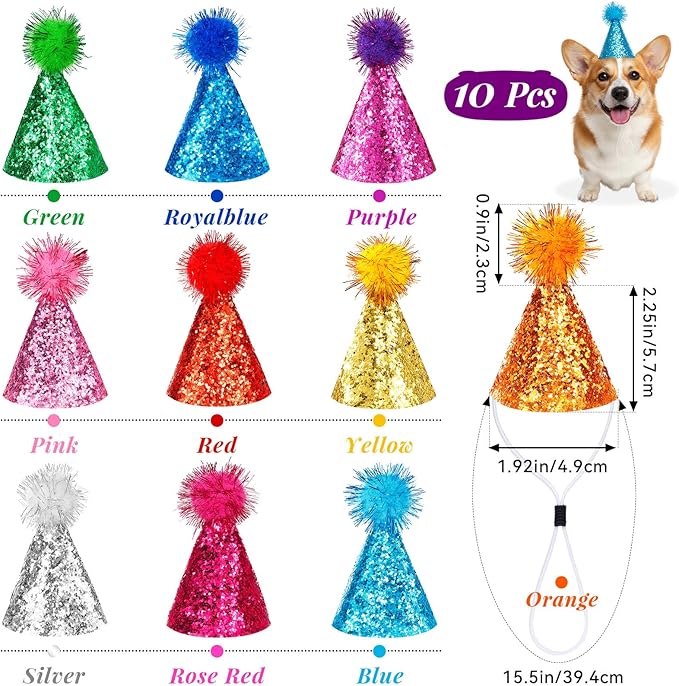 10 Pcs Mini Cat Birthday Party Hats with Pompoms colorful sequins, Puppy Holiday Wedding Hats, Cute Pet Costume Hat Accessories for Small Dogs Kittens Rabbits Stuffed Animals (Small, sequined pom-pom)