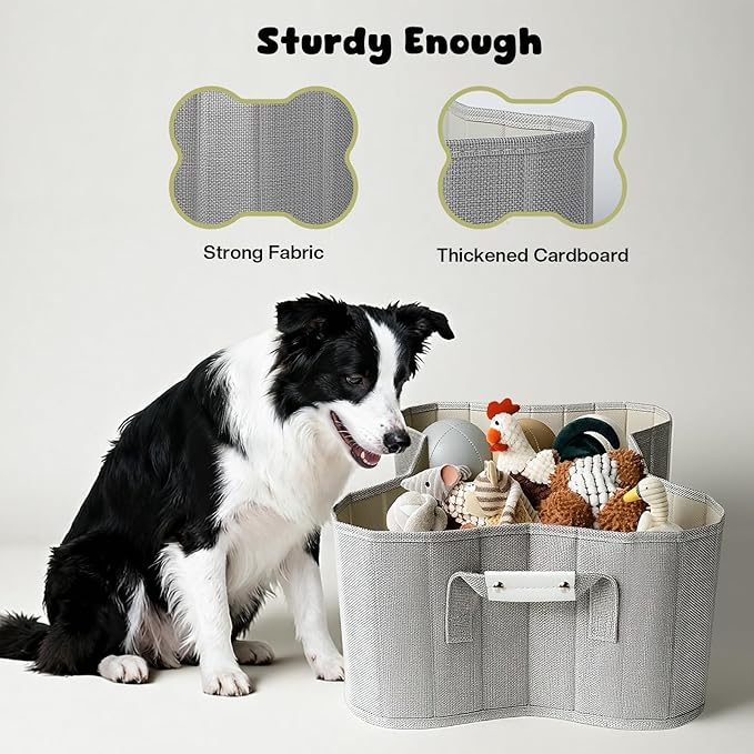 Dog Toy Basket, Collapsible Dog Bone Baskets for Toys, Dogs Storage Organizer with PU Handles, Pet Toys Basket with Bone Shape Design, Toy Baskets for Dogs, Gray