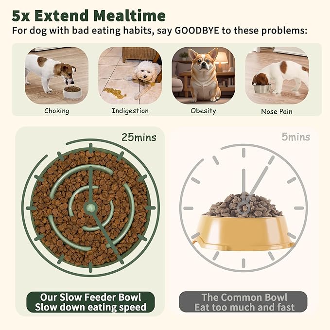 Elevated Slow Feeder Dog Bowl - Ceramic Maze Food Dish with Bamboo Stand - Raised Feeding Bowl for Fast Eaters - Ideal for Small and Medium Dogs - Green - 6.7 inch