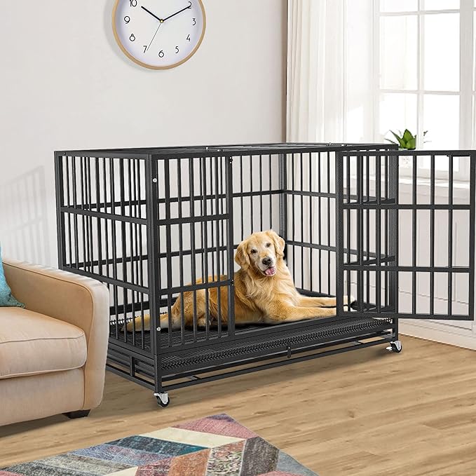 48/42/38 inch Heavy Duty Indestructible and Escape-Proof Dog Crate Cage Kennel for Large Dogs, High Anxiety Dog Crate with Removable Wire Trays and Wheels, Extra Large XL XXL