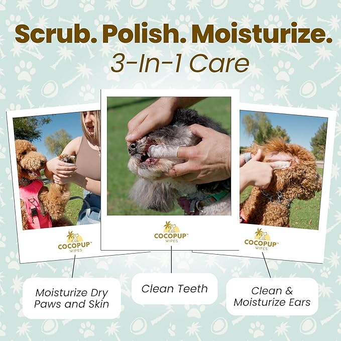 Dog Teeth Cleaning Wipes Ear Nose Paws Fur Cleaner Pure Coconut Oil 3 Packs of 50