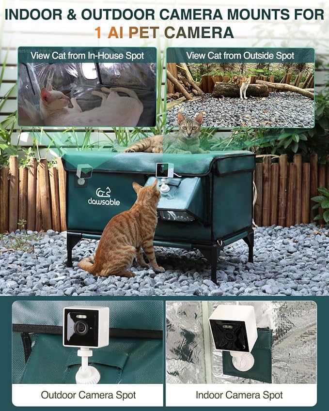 Indestructible Heated Cat House with Pet Camera for Outside Winter, 100% Waterproof, Escape Door, Insulated Outdoor Cat Shelter with Heater for Feral Barn Cat Kitty (Forest Green, 25.5"x16"x18")