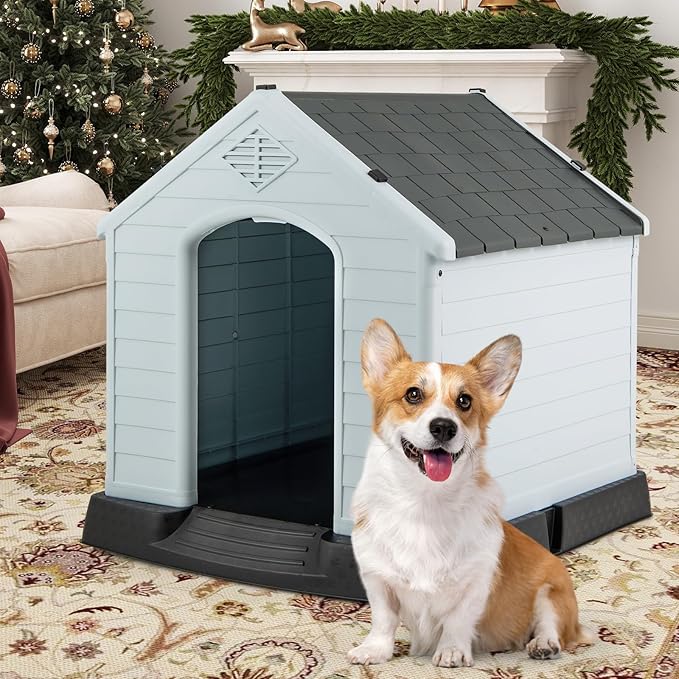 Giantex Dog House for Small Dogs, Waterproof Plastic Dog Houses with Air Vents and Elevated Floor, Easy to Assemble, Outdoor Cat Feeding Station Indoor Patio Backyard Dog Kennel House, Gray