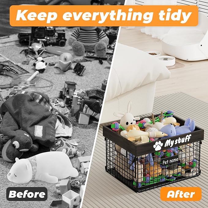 Dog Toy Bin Toy Basket Metal Storage Box with Handles Dog Organizer Chew-Proof Dog Toy Box Blankets Leashes Chest Puppy Dog Toy Storage Wood Metal Container Home Decor Pet Toys Dog Cat