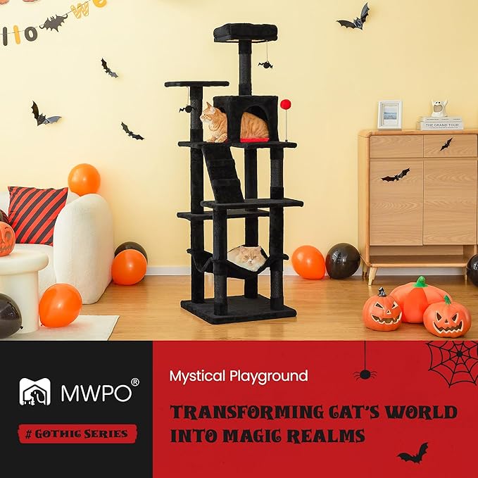 MWPO Gothic Cat Tree for Indoor Cats, 63.8 Inches Multi-Level Cat Tower with Sisal-Covered Scratching Posts, Padded Platform, Hammock, Dangling Toys, Stable Cat Condo Pet Play House, Black