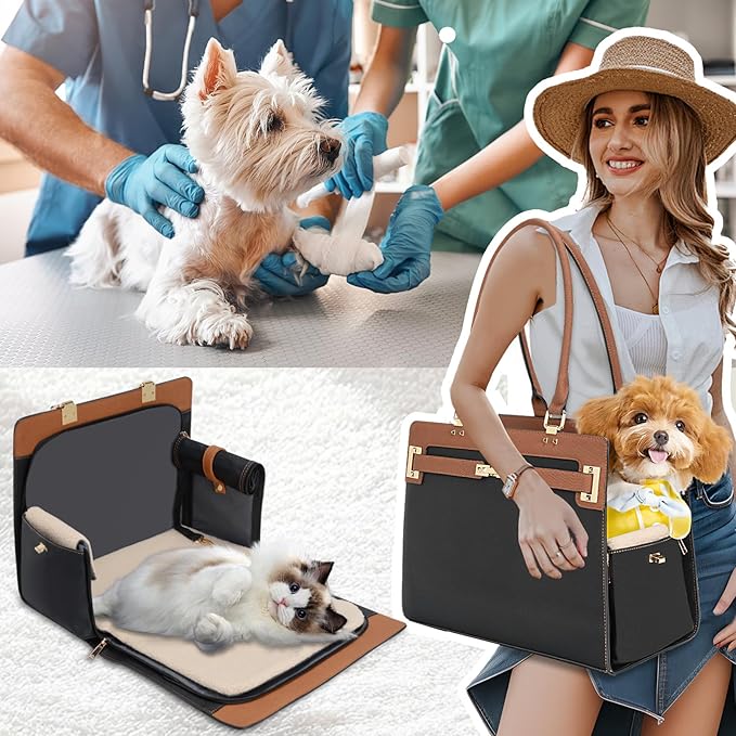2-in-1 Stylish Dog Purse Carrier Soft-Sided Carriers Travel Tote Bag for Small Dogs Cats, Fashion Foldable Pet Bag for Puppies Small Animals with Pockets (Black+Brown, 15" L x 7.5" W x 12.2" H)