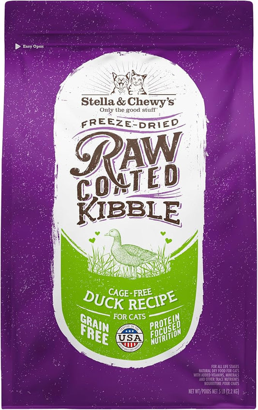 Stella & Chewy's Raw Coated Cat Food - High Protein, Grain-Free Kibble with Cage-Free Duck - Premium Digestive Support with Probiotics - All Natural Small Kibble - Perfect For Picky Eaters - 5 lb Bag
