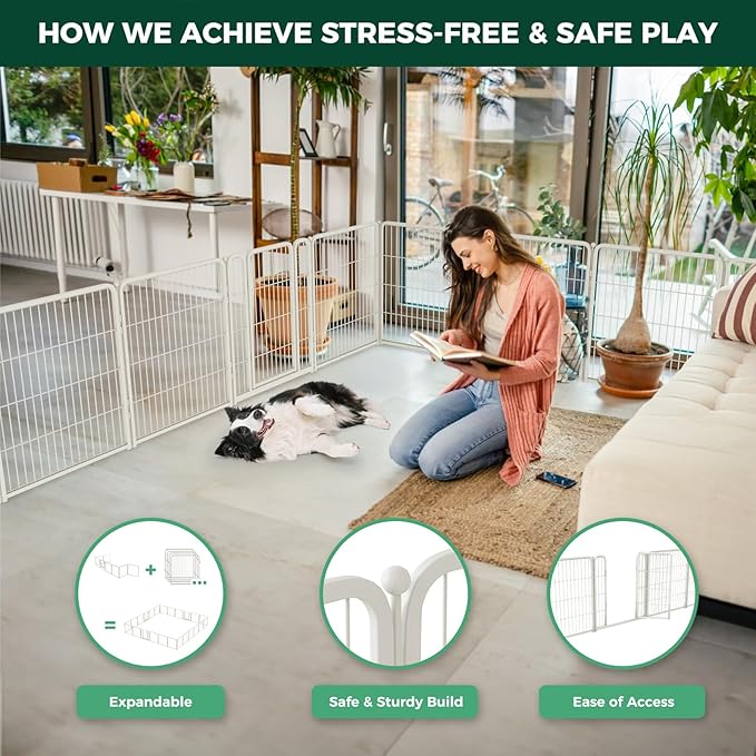 FXW Homeplus Unleashed Indoor Dog Playpen - Stress-Free and Safe Play, Heavy Duty 32 Inch 16 Panels Dog Pen for Small and Medium Dogs, White│Patented