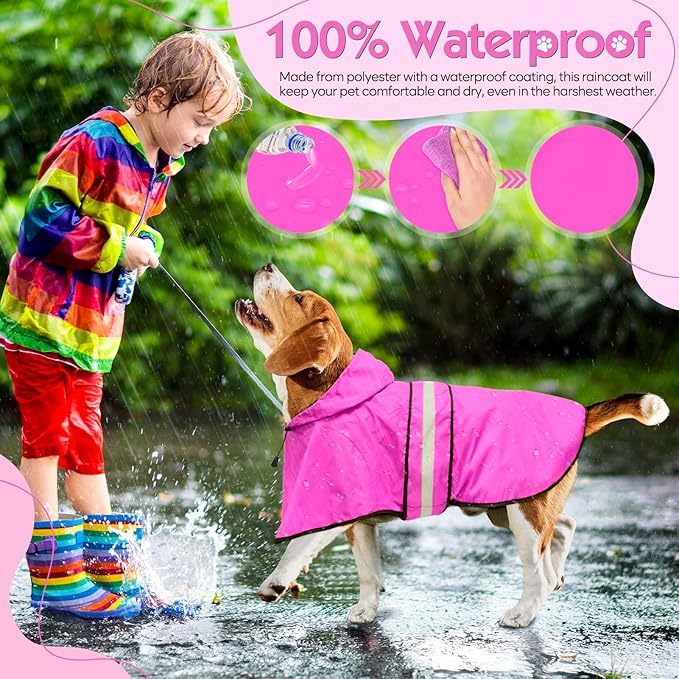 Weesiber Dog Raincoat - Reflective Dog Rain Jacket - Waterproof Dog Rain Coat - Adjustable Dog Poncho - Lightweight Dog Slicker for Dog Walking (Large, Pink)