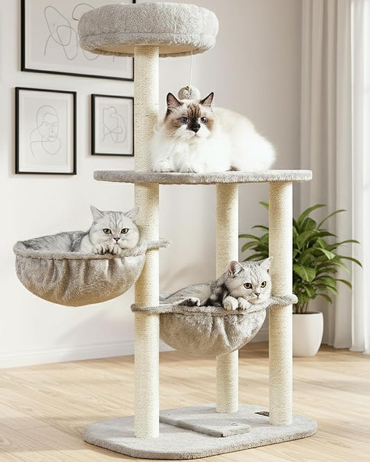Cat Tree Tower for Indoor Cats Large Adult - 42 Inch Small Cats Condo Bed with Scratching Post Hammock Perch - Medium Multi Level Cat House for 2 Kitty Kitten - Grey Tall Climbing Towers Furniture