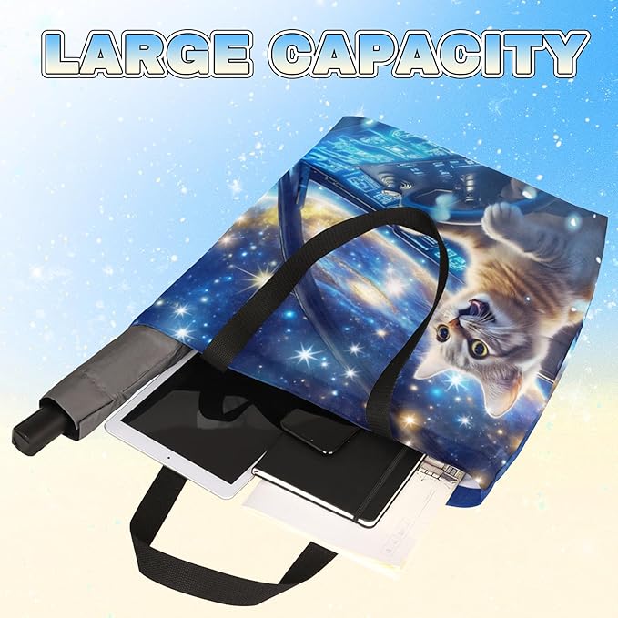 Spaceship Cat Canvas Tote, Multipurpose Shoulder Bag with Unique Sci-Fi Cat Design for Women & Men