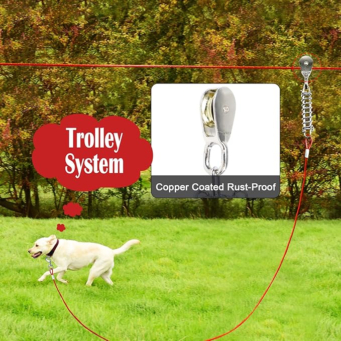 100FT Dog Runner for Yard with 10FT Tie Out Cable - Heavy Duty Trolley System for Large Dogs Up to 250LBS, Backyard/Park/Camping Use (Red, 100FT+10FT)