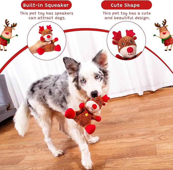 Hollypet Christmas Squeaky Plush Stuffed Durable Dog Toys, Cute Puppy Chew Toys for Small, Medium and Large Breed Dogs, Sitting Elk