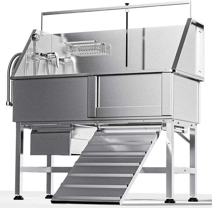 Dog Washing Station for Home, Professional 46" Stainless Steel Dog Bathing Station, Height Adjustable Dog Grooming Tub w/Stair, Storage Drawer, Upgrade Parts(Right ramp)