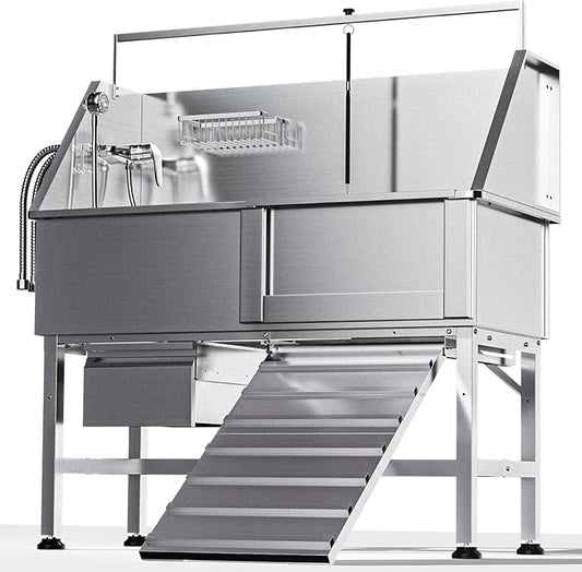 Dog Washing Station for Home, Professional 46" Stainless Steel Dog Bathing Station, Height Adjustable Dog Grooming Tub w/Stair, Storage Drawer, Upgrade Parts(Right ramp)