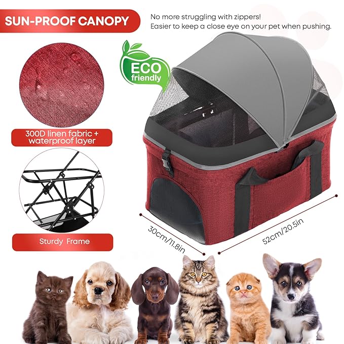 2-in-1 Foldable Pet Stroller with Canopy, 4 Wheels Pet Strolling Cart for Small/Medium Dogs and Cats with Removable Carrier,Breathable Mesh,Mom Tote Bag,Cup Holders,Easy Assembly,Grey+Red