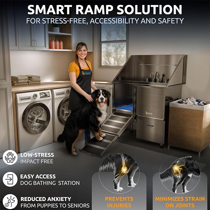 KANIS Professional Dog Washing Station - 304 Stainless Steel Pet Wash Sink & Grooming Bathtub w/Shower, Floor Grates and Storage for Large, Medium & Small Pets (40", 1 Drawer - Left Ramp)