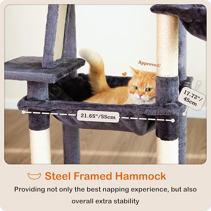 Ouritsu Cat Tree, 56 inch Tall Cat Tower for Large Cat Indoor, Large Condo, 2 Padded Perches, Steel-Framed Hammock, Scratching Post and ramp, Fluffy Basket, Dark Gray, LF001DG