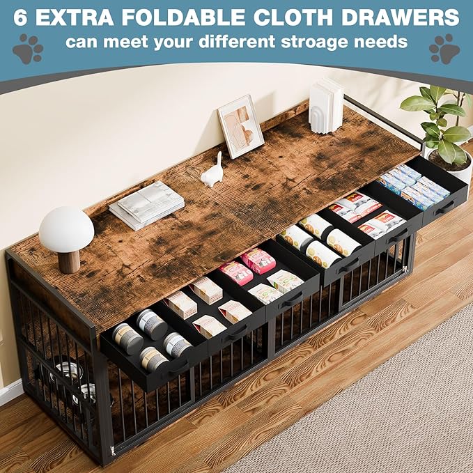 86.6Inch Large Double Dog Crate Furniture,Heavy Duty Metal Frame Dog Crate Kennel with Adjustable Feeder Bowls and Removable Divider&Drawers,Chew-Resistant Dog Kennel for 2 Dogs Indoor