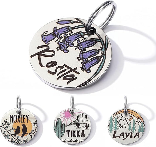 Colorful Dog Tags Personalized, Engraved Dog Tags with Colored Printing for Pets, Dog Name tag with deep Engraving, Custom pet ID Tags, Customizable cat Collar Holder tag (Bluebell)