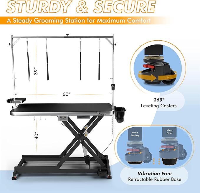 KANIS Professional Electric Dog Grooming Table - Heavy Duty, Height Adjustable Pet Grooming Table w/Leveling Wheels, Grooming Arm, Anti Slip Tabletop & Tool Organizer/Dog Grooming Station (60", BLACK)