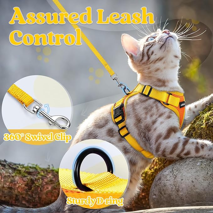 rabbitgoo Cat Harness and Leash Set, Escape Proof Soft Adjustable Vest Harnesses for Outdoor Walking, Easy Control Breathable Kitten Jacket with Reflective Strips, Orange & Yellow, S