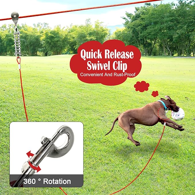 100FT Dog Runner for Yard with 15FT Tie Out Cable - Heavy Duty Trolley System for Large Dogs Up to 250LBS, Backyard/Park/Camping Use (Red, 100FT+15FT)