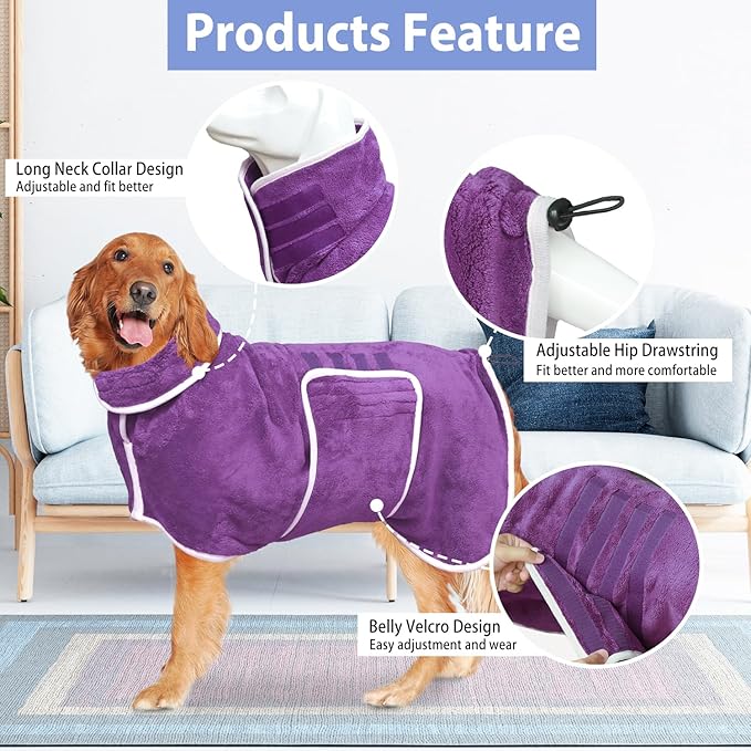 Dog Bathrobe Towel Dog Drying Coat - Super Absorbent Towels Bath Robe for Dogs Large, Soft Adjustable Collar & Belly Strap Fast Drying Coat Pet Cat Bath Robe (Violet, 3X-Large)