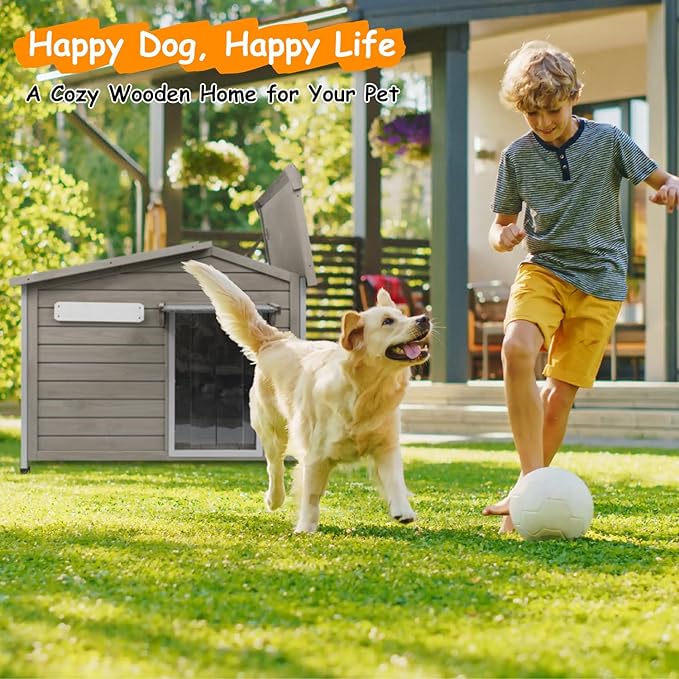 Large Outdoor Dog House Waterproof for Small to Large Sized Dogs with Openable Asphalt Roof, Anti-Chewing Iron Frame, Window, Weatherproof Indoor Outside Kennel Puppy Shelter (40" L*26.4" W*33.5" H)