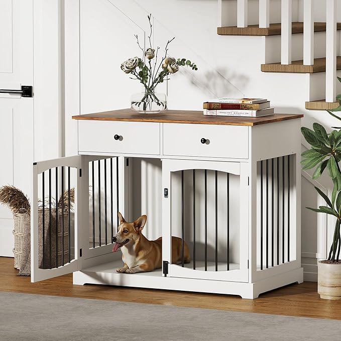 40'' Wooden Dog Crate Furniture–Farmhouse Dog Kenel-Multi Purpose Pet House with Double Doors, 2 Drawers, for Small, Medium & Large Dogs–White & Brown Finish