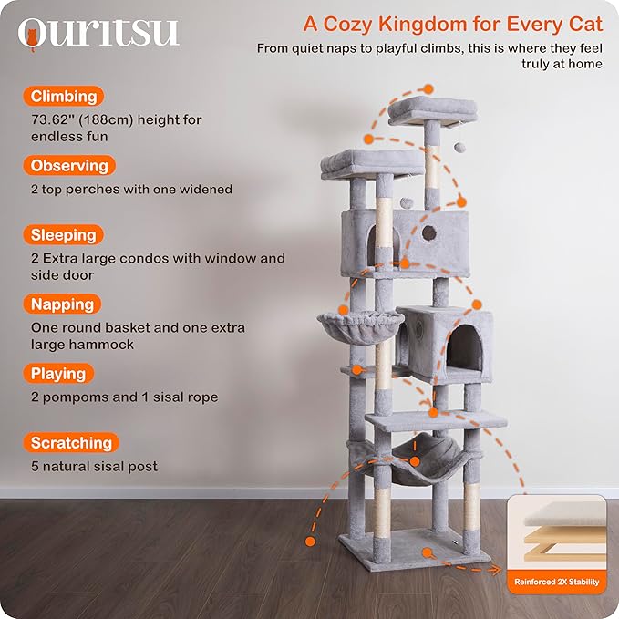 Ouritsu Cat Tree, 73.6 inch Tall Cat Climbing Tower for Large Cat Indoor with 2 Large Condos, 2 Widened Perches, Sisal Covered Scratching Posts, 2 Hammocks, Light Gray, XLF001GA