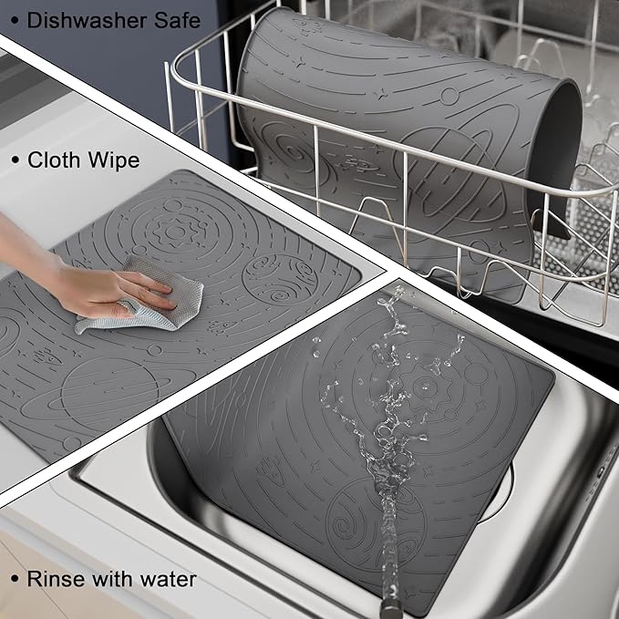 OHMO Dog Food Mat, Silicone Waterproof Cat Food Mat, Non-Skid Spill Proof Pet Feeding Mat for Food and Water, Easy to Clean Dog Placemat(Grey, 18.9" x 11.8")