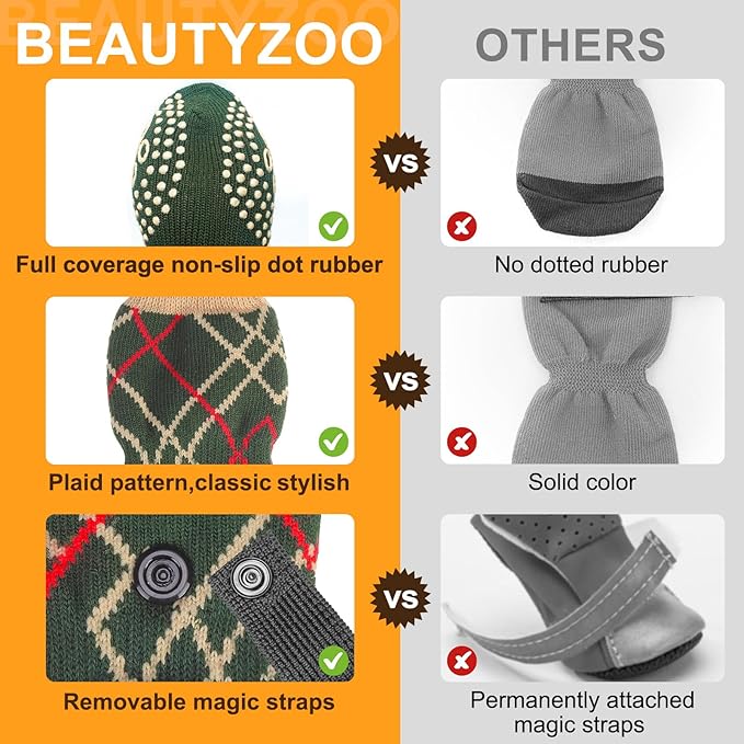 BEAUTYZOO Non Slip Dog Socks to Prevent Licking Paws -Dog Boots & Paw Protectors with Grippers on Hardwood Floors, Dogs Shoes for Hot/Cold Pavement Small Medium Large Senior Dogs Booties