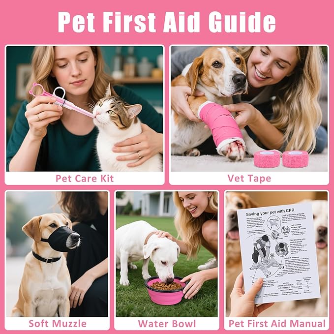 Pet First Aid Kit for Dogs - Pet Emergency Kit for Camping Hiking Traveling Hunting and Sports (Pink)