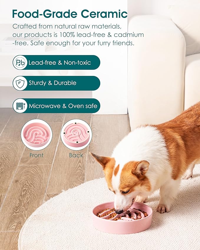 vancasso Slow Feeder Dog Bowl, 1.5 Cup Ceramic Slow Feeding Food Dish for Small and Medium Breed, Puzzle Dog Food Bowl for Fast Eater, Pink