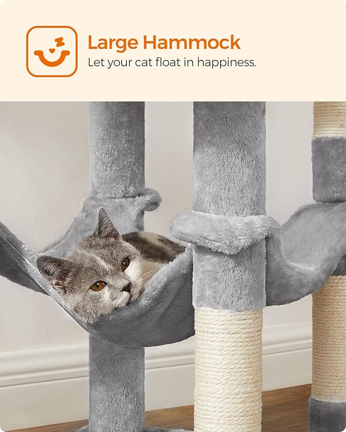 Feandrea Cat Tree, 56.3-Inch Cat Tower for Indoor Cats, Multi-Level Cat Condo with 4 Scratching Posts, 2 Perches, Hammock, Cave, Light Gray UPCT161W01