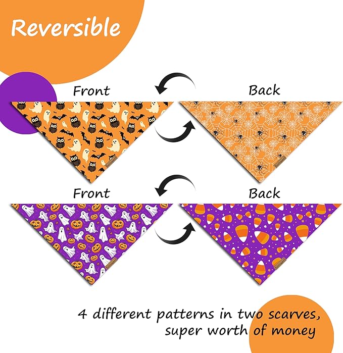 Halloween Dog Bandanas 2 Pack 4 Pattern Ghost Spider PumpkinCandle Bibs Reversible Washable Durable Fall Scarf Suitable for X-Large Breed Dog Boy and Girl