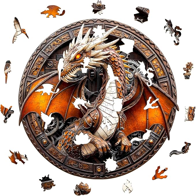 Jigfoxy Wooden Puzzle for Adults, Mechanical Dragon Jigsaw Puzzles for Adult, Unique Animal Shape Wood Cut Puzzles, Christmas Thanksgiving Gifts for Friends Family (L-13.4 * 13.4in-300pcs)