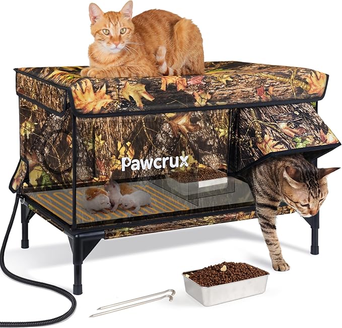 Weatherproof Heated Cat House for Outdoor in Winter, Heated Cat Bed Kitty Shelter with Cat Heating Pad, Insulated & Safe Escape Door, Warm House for Outside Stray Cat(Leaf Color, 16.5"x28"x19.1")