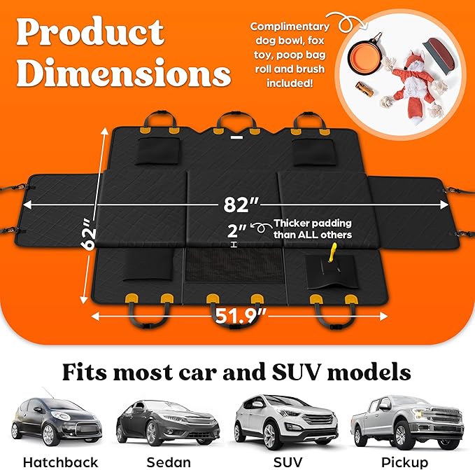 Back Seat Extender for Dogs Hard Bottom Foam - Sturdy Dog Hammock for Car Hard Bottom Car Seat Cover for Dogs with Seatbelt, Carrying Bag, Hair Remover- Dog Backseat Cover SUV, Car, Truck