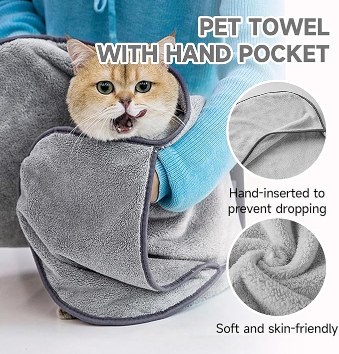Dog Towels for Drying Dogs Small Medium Large, 2 Pack Dog Cat Drying Bath Towel 30.3"x13.8" with Hand Pocket,Absorbent Pet Towel for Dog Cat Grey