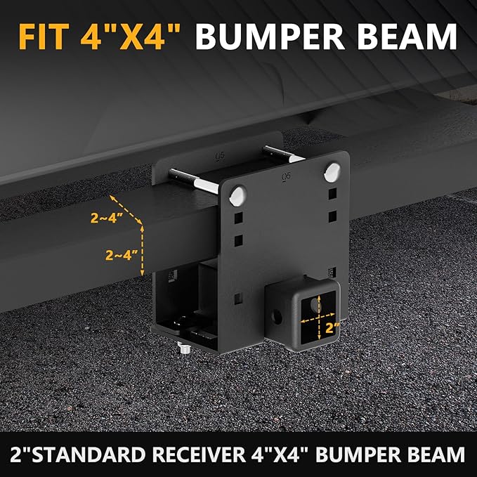 RV Bumper Hitch Receiver, 2" Tow Hitch Trailer, 3500 LBS Capacity Fits 2 inch to 4 inch Rear Beams, Towing Adapter Openning for Camper Cargo Carrier Bike Racks RV Tire Carrier Ball Mounts