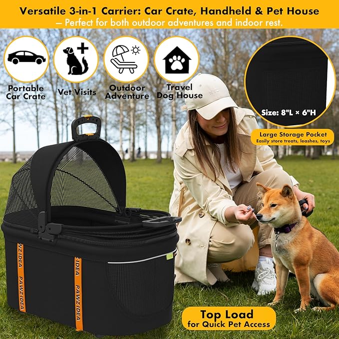 PAWZIDEA Pet Stroller 4 in 1, Cat Strollers with Detachable Carrier No-Zip Canopy, Portable Dog Crate for Car Seat Travel, Foldable & Lightweight Jogger for Small/Medium Dogs and Cats, Storage Basket