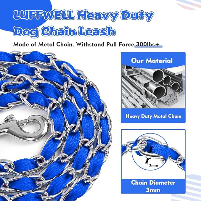 Heavy Duty Metal Dog Chain Leash with Comfortable PU Leather Padded Handle, Chew Proof for Small Medium Pooch Walking Training (4ft 3.0mm Blue)