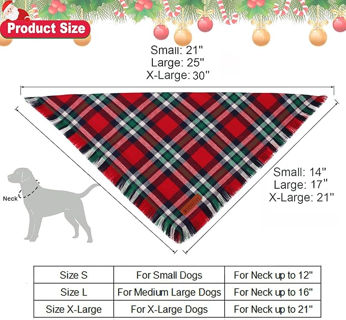 ADOGGYGO Christmas Dog Bandanas with Tassels, Festive Red Green Plaid Xmas Scarf Bib, Soft Cotton Fabric, Pet Christmas Bandanas for Medium Large Dogs (Large)