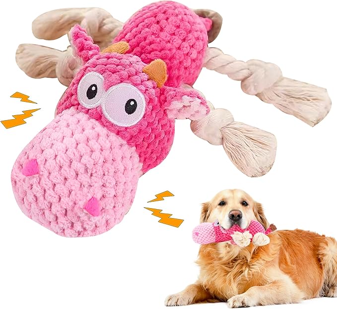 Dog Squeak Toys, Chew Rope for Small & Medium Breeds, Puppy Teething Interactive Plush Toy to Keep Them Busy, Best Birthday, Christmas, Halloween, Easter Gift, Hippo