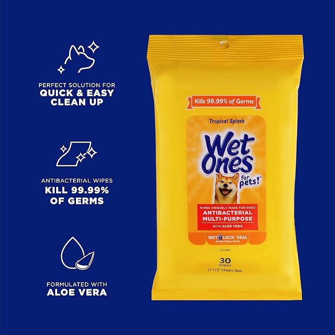 Wet Ones for Pets Multi-Purpose Dog Wipes with Aloe Vera, 30 count - 24 pack | Dog Wipes for All Dogs in Tropical Splash Scent, Wet Ones Dog Wipes with Wet Lock Seal