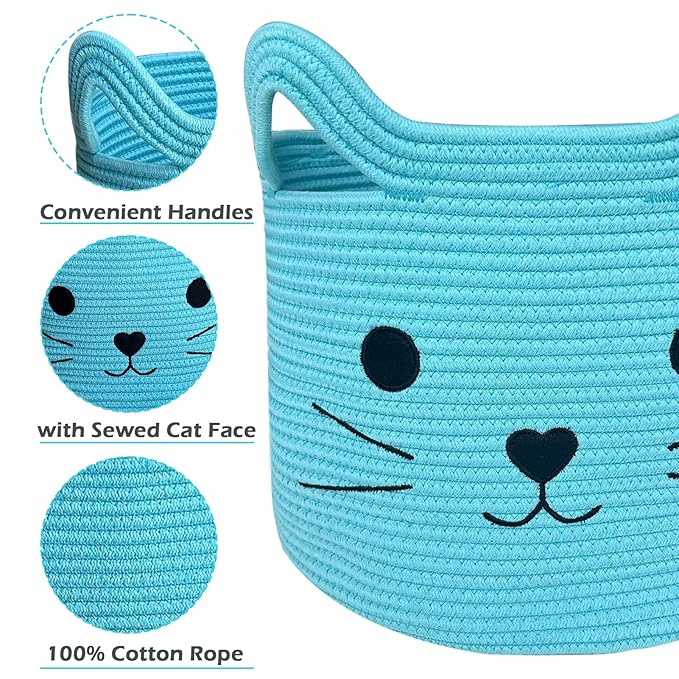 VK VK·LIVING Large Cat Toy Basket with Handles 15"Lx14"H Cotton Rope Toy Box with Cat Design, Cute Animal Basket for Laundry, Baby, Towels, Blankets, Woven Cotton Rope Storage Organizer Blue