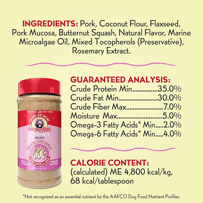 Charlee Bear Necessities Freeze Dried Dog Food Topper, Skin and Coat Support, Grain Free, High Protein, Limited Ingredient Meal Toppers for Dogs, Pork Recipe, 5 Ounce