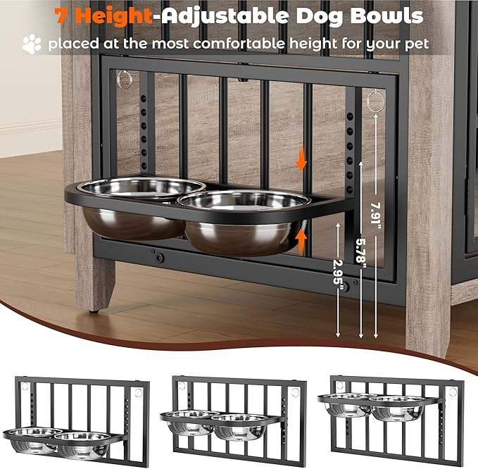Lulive 37.8" Dog Crate Furniture, Large Wooden Dog Kennel Indoor with 360°& Adjustable Raised Dog Bowls, Double Doors Furniture Decorative Side End Table Dog Cage for Medium Dogs, Grey